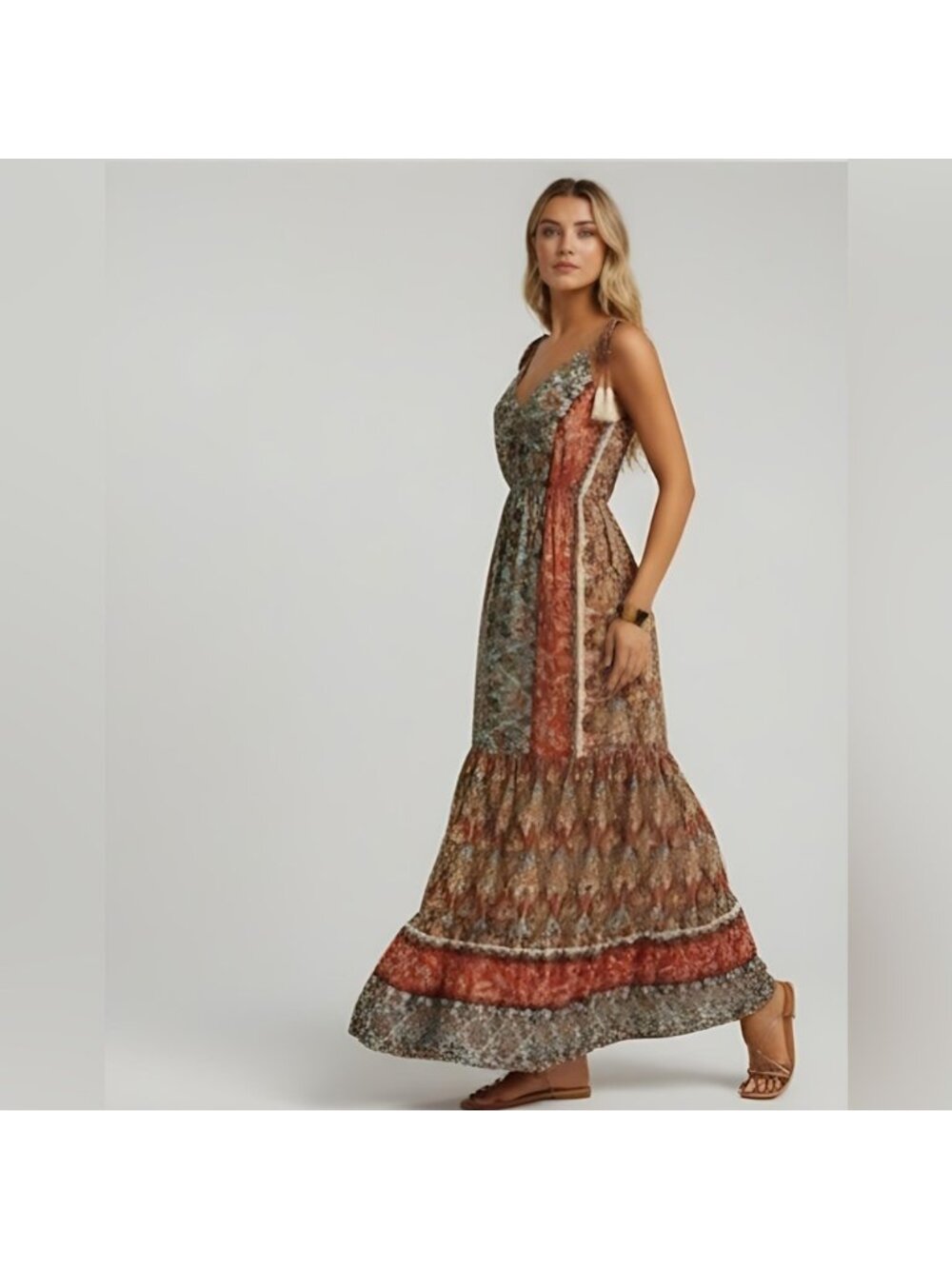 Boho Floral Print Backless Tie Shoulder Ruffle Hem Cami Dress - Picture 4 of 11